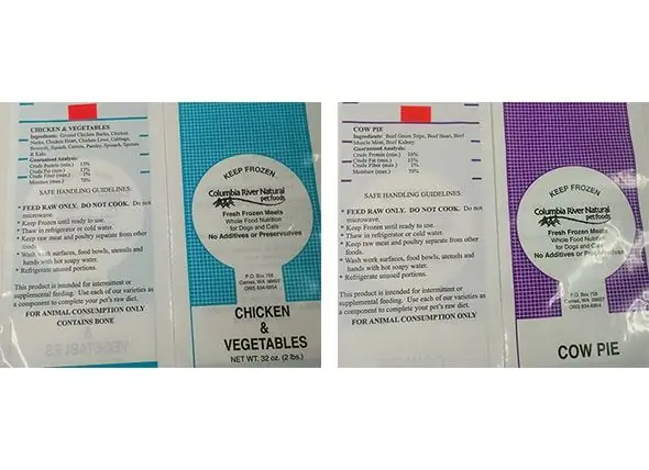 Columbia River Natural Pet Foods Inc. Utökar Frivilligt återkallelse Till Att Inkludera Ko Paj Och Kyckling & Grönsaker Färska Frysta Kött För Hundar Och Katter På Grund Av Möjlig Hälsorisk